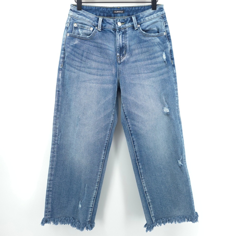 Flamingals‎ Womens Jeans Wide Leg S Blue Distressed Frayed Hem Capri 260053 CH